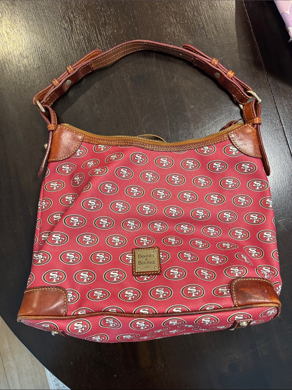 Dooney & Bourke Red Logo Shoulder Bag with Brown Leather Trim